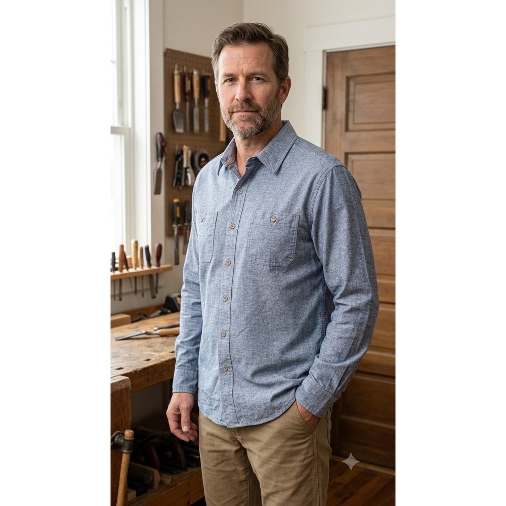 Ridgecut Toughwear Mens Large Blue Gray Button Down Long Sleeve Work Shirt